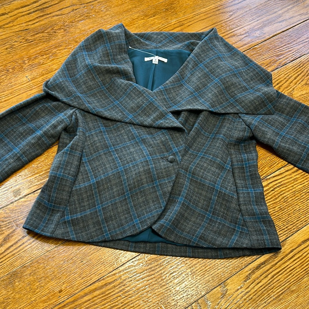 CAbi #916 Cape style plaid Court jacket.  Gray and blue. Size 8.